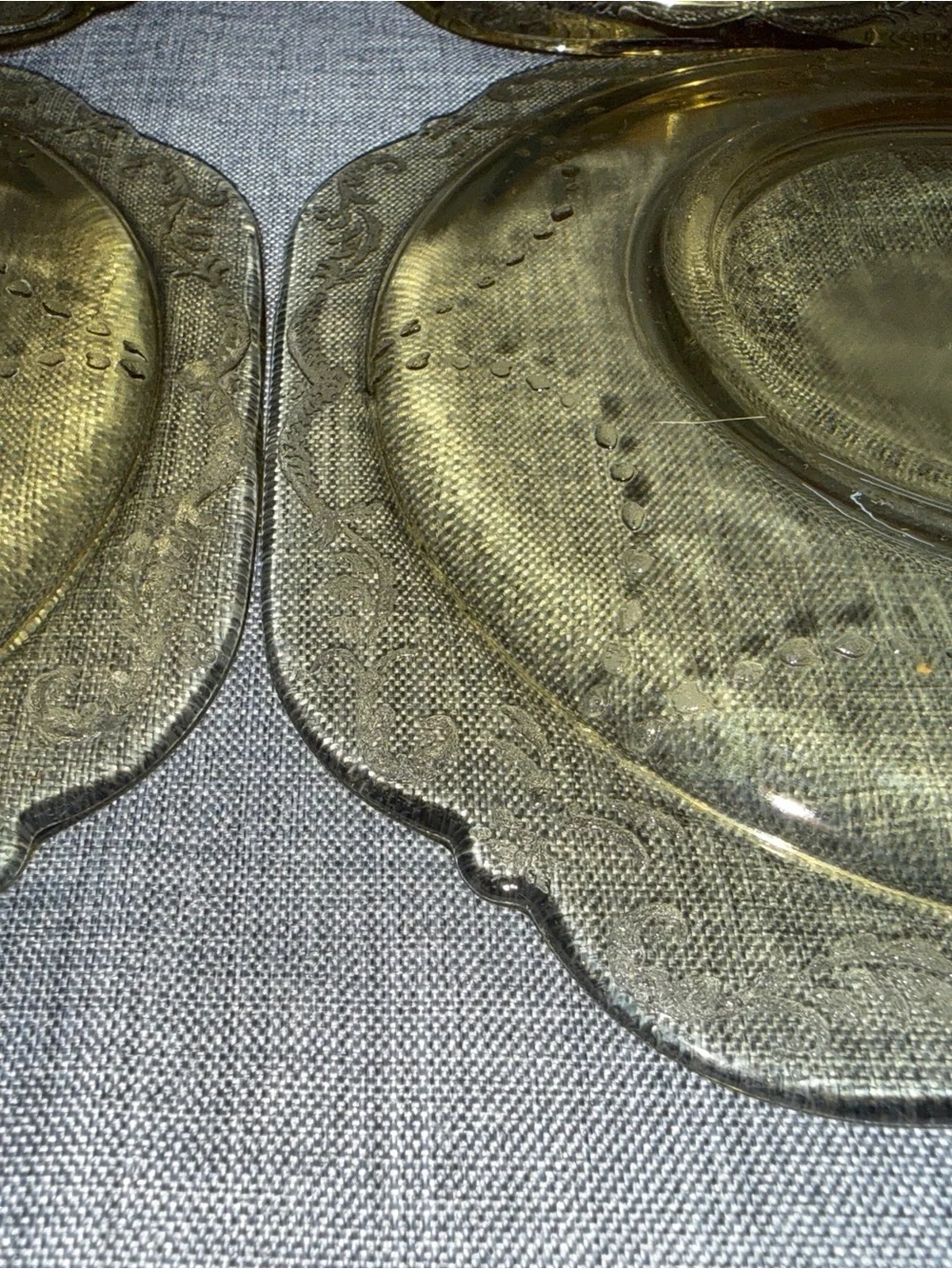 Set of 4 Vintage Amber Depression Glass Saucers Scroll Border Square